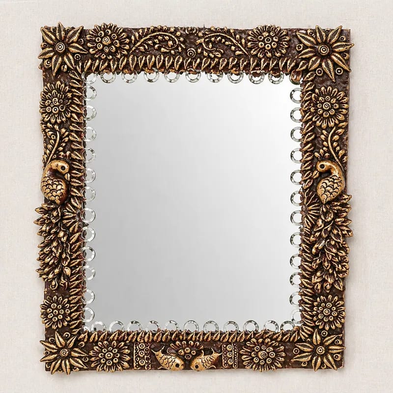 handmade square decorative wall mirror with antique gold floral and bird design